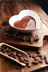 Chocolate cream melted and chocolate pieces on wooden table