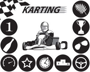 Karting Infographic in black and white, Kart and racer, sport icons. Flat design, vector - obrazy, fototapety, plakaty