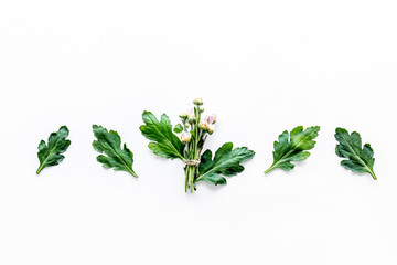 Floral pattern. Muds and leaves on white background top view copyspace