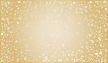 Abstract pattern of random falling gold stars on golden background. A circle in the center free for text. 