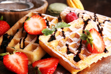 Belgian waffles with strawberries and raspberries, homemade healthy breakfast