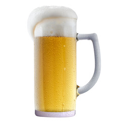 Mug of frosty light beer with foam isolated on a white background
