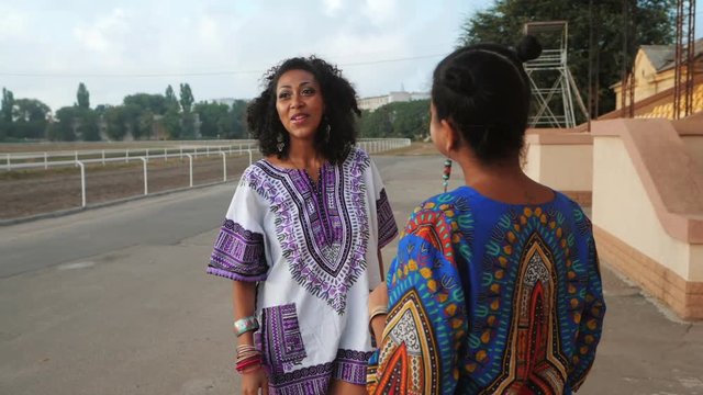 Two happy beautiful afro-american women friends talking outdoor. Multi ethnic girls wearing colorful clothing communicates, enjoys the meeting, gossip and laughing in slow motion. Dolly shot.