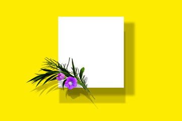 Stylish branding mockup. Mock up on yellow background with green plant branch and pink flower. Flat lay top view.