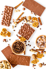 Ingredients for chocolates on white background top view