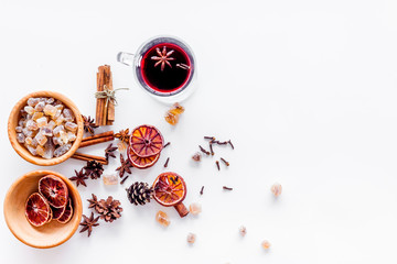 Ingredients mulled wine or grog with spices and citrus for winter evening. Christmas new year eve....