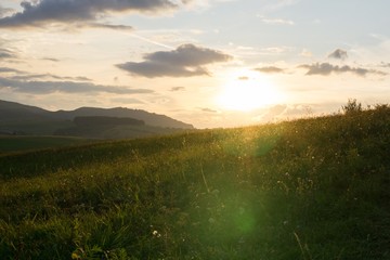 Sunrise and sunset over the hills and town. Slovakia
