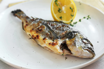 Baked in oven sea fish dorado with lime, olives and onion.Grilled dorada fish on plate, close-up.