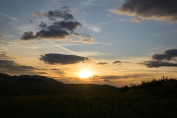 Sunrise and sunset over the hills and town. Slovakia