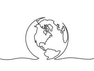 Continuous line drawing. Globe of the Earth. Map side of America. Vector illustration
