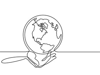 Continuous line drawing. Globe of the Earth in human hands. Map side of America. Vector illustration