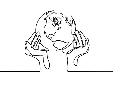 recommend clip art: Continuous line drawing. Globe of the Earth in human hands. Map side of America. Vector illustration