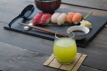 green tea and sushi