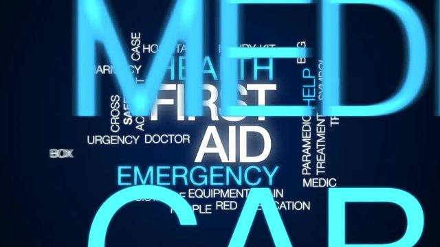 First aid animated word cloud, text design animation.