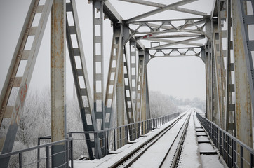 Close up of a railroad bridge on a cold gloomy winter day. Front view.