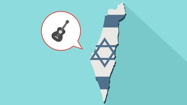 Animation of a long shadow Israel map with its flag and a comic balloon with a six string acoustic guitar