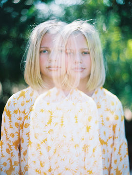 double exposure of teenager with blonde hair and floral dress