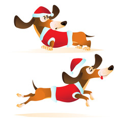 Cartoon brown dachshund in Santa's hat and red jacket in different poses. Hand drawn vector illustration for Christmas and Happy New Year 2018 isolated on white background.