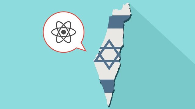 Animation of a long shadow Israel map with its flag and a comic balloon with an atom