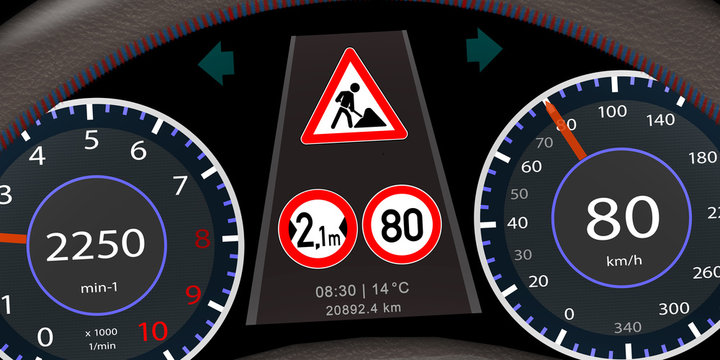 ps_25 ProgrammingScreen - german: Achtung - Bauarbeiter - Baustelle / Fahrbahnverengung 2,1 meter / Verkehrsschild Tempo 80 - english: dashboard / electronic instrument cluster - 2to1 g5531