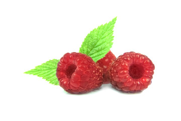 Group of fresh raspberries with leaves isolated on white background.