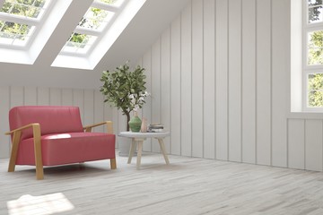 White room with armchair and green landscape in window. Scandinavian interior design. 3D illustration