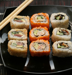 Japanese sushi on black plate
