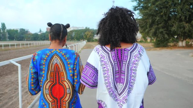 Two happy beautiful afro-american women friends walking outdoor. Young mixed race girls wearing colorful clothing communicates, enjoys the meeting in slow motion. Back view. Dolly shot.