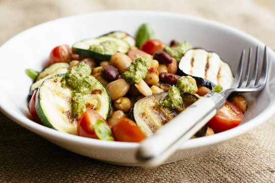 Grilled Vegetables with Mixed Beans and Spinach Walnut Pesto