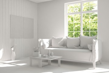 Idea of white room with sofa and summer landscape in window. Scandinavian interior design. 3D illustration