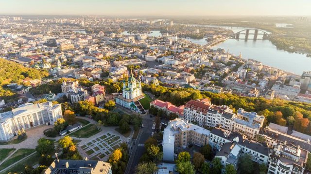 Kiev city center aerial sightseeing. Central part of the Ukrainian capital with many historical buildings and srteets
