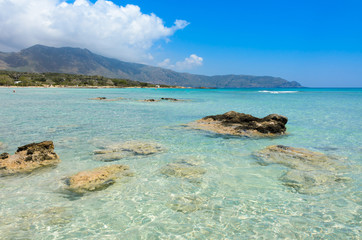 Paradise beach with turquoise water, in Elafonisi, Crete, Greece - Travel destination in Europe