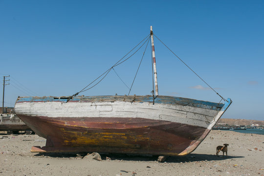 A dog next to an old boat beached on the sand