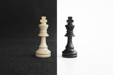 Pair of king chess peaces confronted as opposites in black and white background