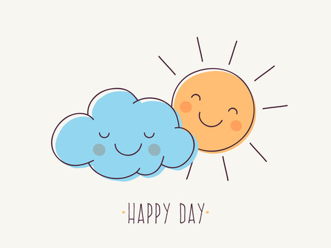 Happy Day. Vector Illustration of Cute Smiling Sun and Cloud Characters. 