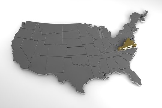 United States of America, 3d metallic map, with Virginia state highlighted. 3d render