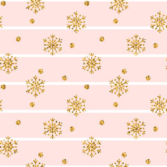 Christmas gold snowflake seamless pattern. Golden glitter snowflakes on pink white lines background. Winter snow texture design wallpaper Symbol holiday, New Year celebration Vector illustration