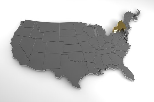 United States of America, 3d metallic map, with New York state highlighted. 3d render