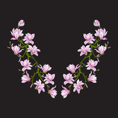 Embroidery. Embroidered design elements with magnolia flowers an