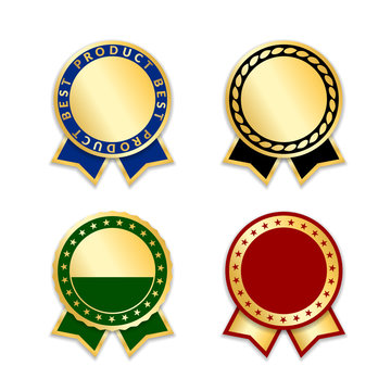 Award ribbons isolated set. Gold red design medal, label, badge, certificate. Symbol best sale, price, quality, guarantee or success, achievement. Golden ribbon award decoration Vector illustration