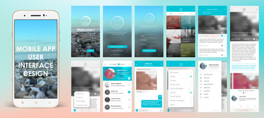 Design of mobile applications, UI, UX, GUI. Set with a welcome window, registration, home page, news search, chat and settings - obrazy, fototapety, plakaty