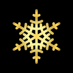 Gold Christmas snowflake icon. Golden silhouette snow flake sign isolated on black background. Elegant design for card, greeting, decoration. Shine texture. Symbol of winter Vector illustration