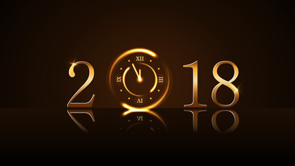 Happy New Year card background. Magic gold clock countdown. Golden numbers 2018. Christmas and New Year night glitter clock. Design decoration. Symbol wish, celebration Vector illustration