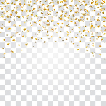 Gold stars confetti celebration isolated on white transparent background. Golden stars abstract decoration. Glitter confetti Christmas card, New Year celebration. Shiny rain Vector illustration