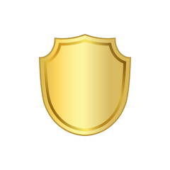 Gold shield shape icon. 3D golden emblem sign isolated on white background. Symbol of security, power, protection. Badge shape shield graphic design Vector illustration