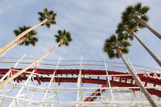 Palm trees and an old wooden roller coaster