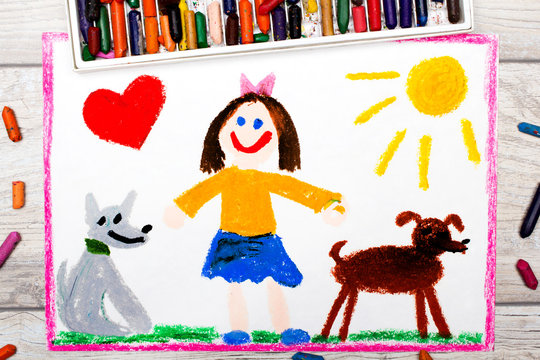 Photo of colorful drawing: Smiling little girl and her cute dogs