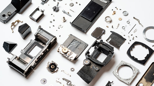 Neatly Organized Parts of Analog Camera