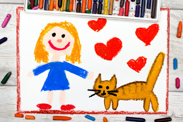Photo of colorful drawing: Smiling little girl and her cute cat