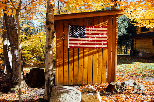 Flag on wooden hut